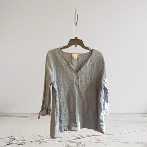 Liz Claiborne blue linen blend notched V-neck top tie sleeves Sz XL